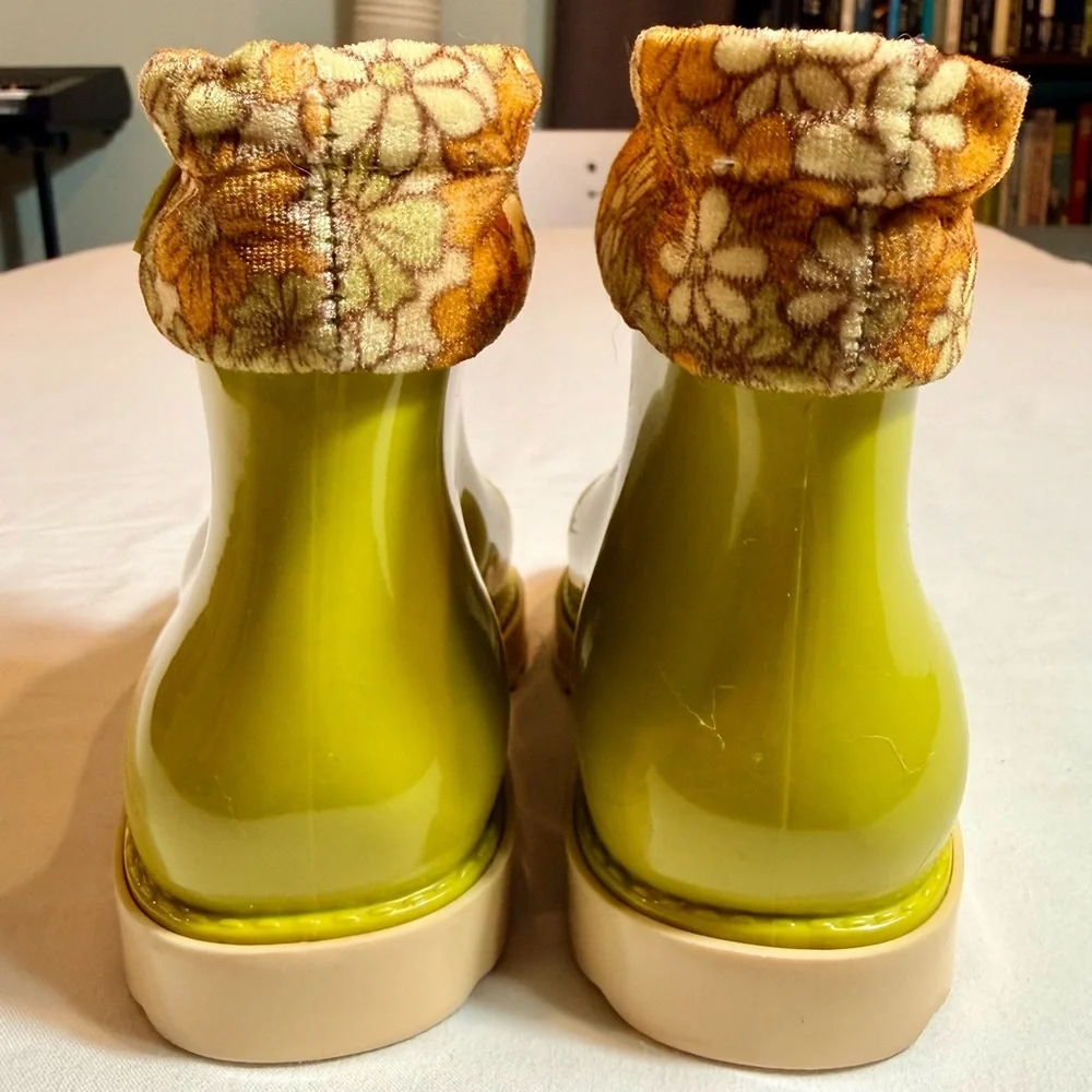 Mini Melissa Rain Boots III BB Girls 10 Yellow Green Floral Cuff Waterproof Lime